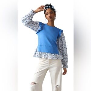 By Anthropologie Flutter Sleeve layered sweater vest blue floral puff sleeves